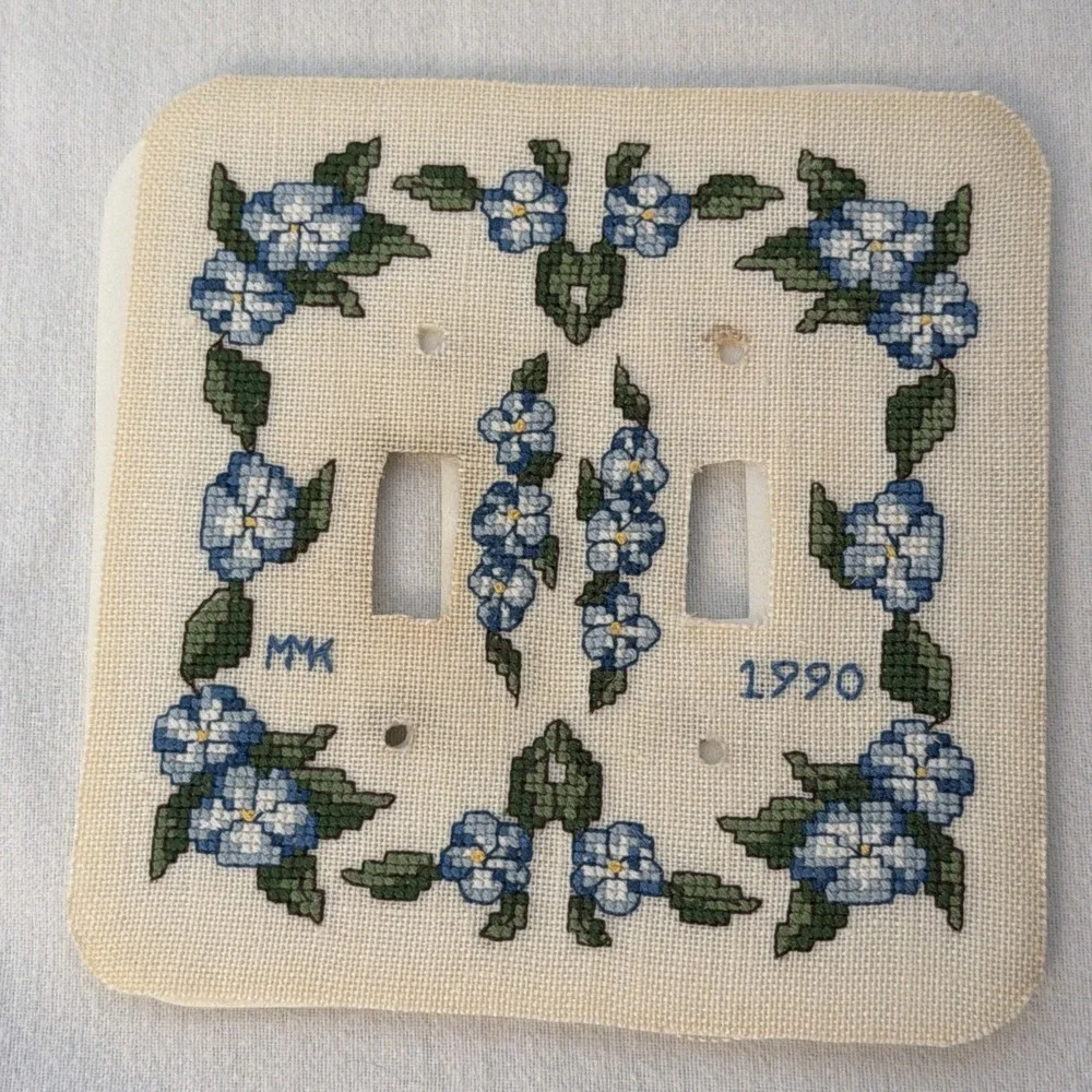 Vtg Finished Cross Stitch Single Toggle Light Switch Cover Floral Completed 1990